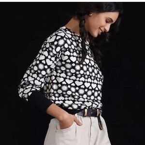 Maeve by Anthropologie Black White Hearts‎ Sweater Size XS Knit Pullover
